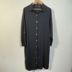 Tahari Linen Blend Shirt Dress Women XL Black Long Sleeve Midi Button Up Coastal